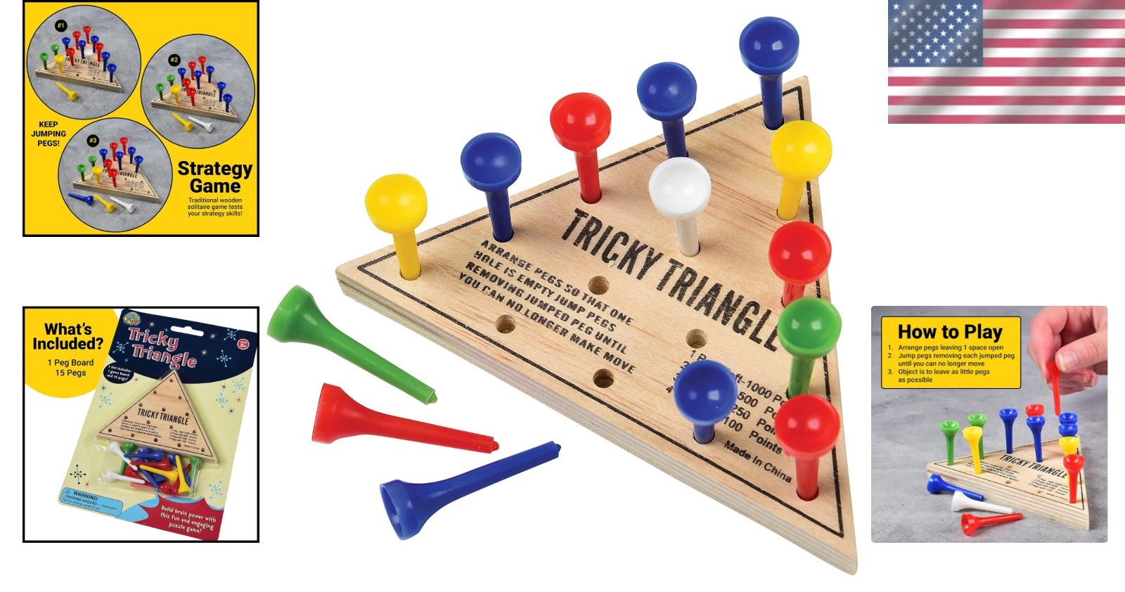 U.S. Toy Tricky Triangle Game – Classic Wood Solitaire for Education and Fun