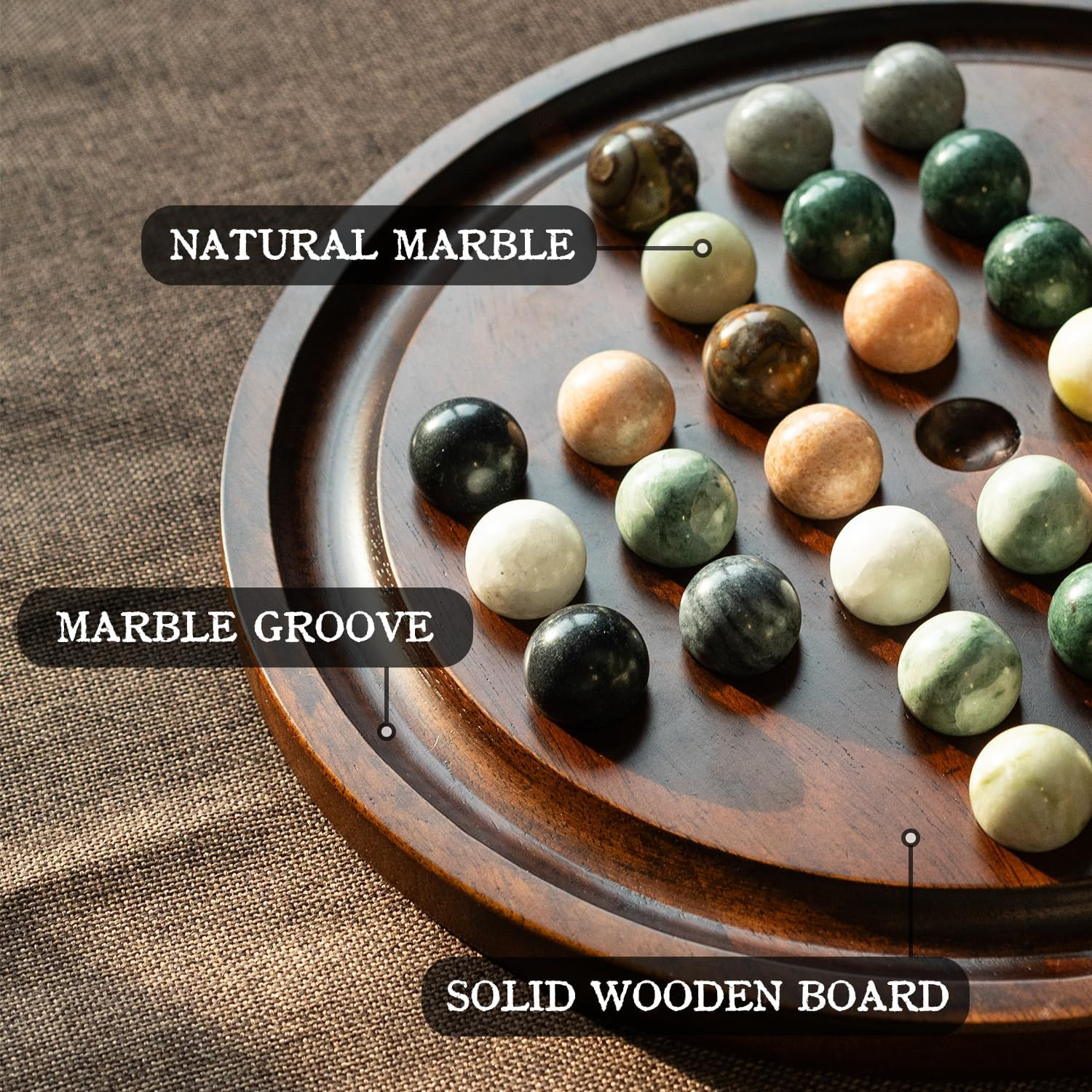 Deluxe Solitaire Game Set: 12.6” Solid Wooden Board, 32 Natural Marble Balls,