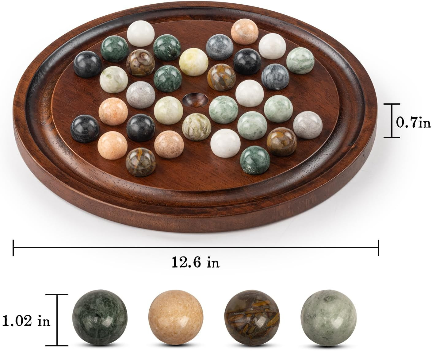 Deluxe Solitaire Game Set: 12.6” Solid Wooden Board, 32 Natural Marble Balls,