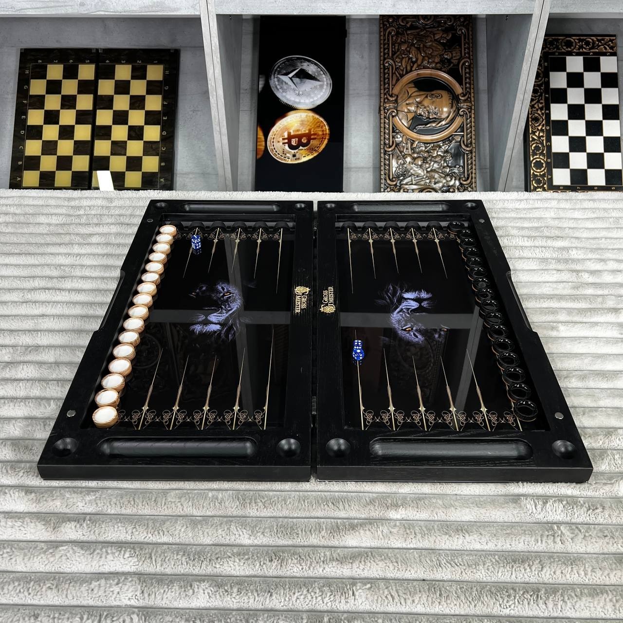 Tempered Glass Backgammon Set Lion Design, Game Board, Gift for Him 50cm (19.7″)