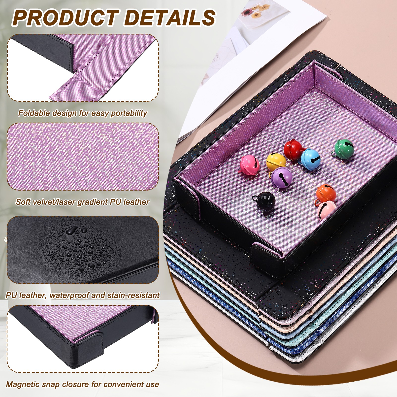 PU Leather Dice Tray, Rectangle Folding Dice Rolling Tray, Glitter Light Purple