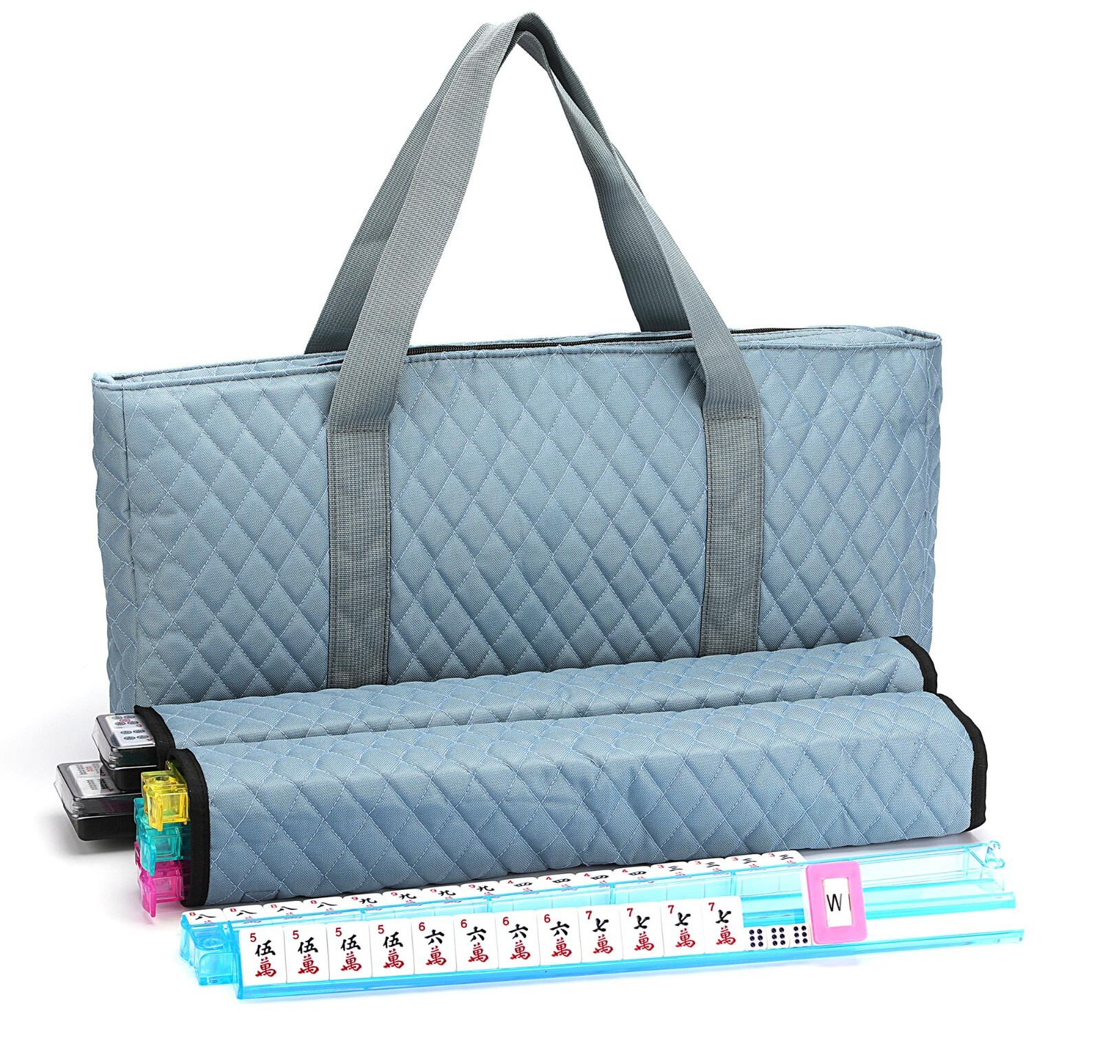 American Mahjong Set 166 Tiles Peal Blue Bag 4 Color Pushers/Racks Mahjongg