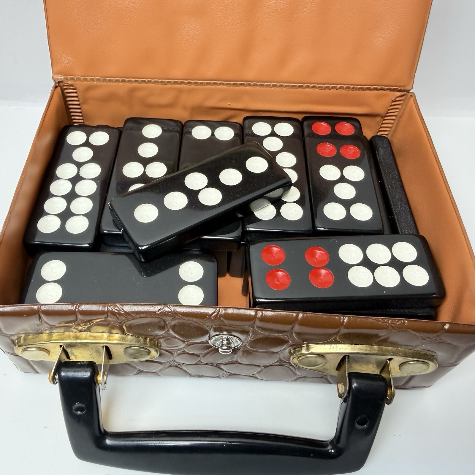 Vintage Chinese Pai Gow Domino Tile Set Black Tiles w/ Case Hong Kong