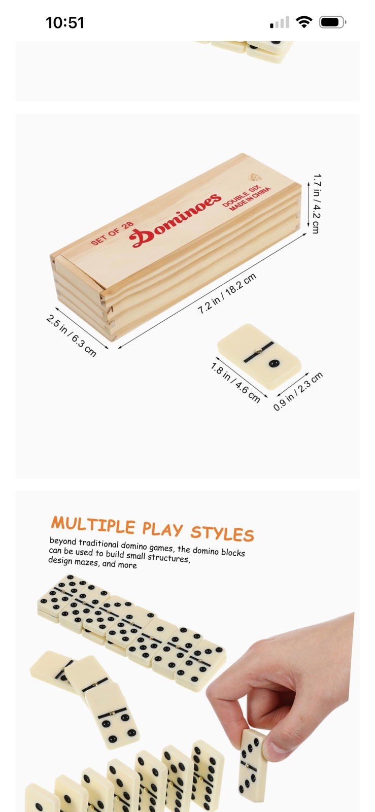 Domino Set of 28 Double Six Dominoes Wood Box Center Pins Easy Flip