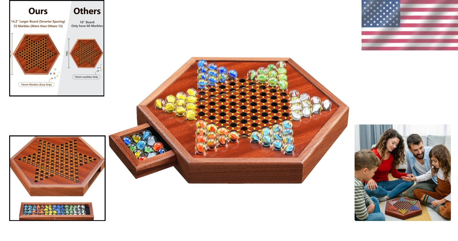 14.2” Chinese Checkers Game Set w/ 72 Glass Marbles + Storage Drawer