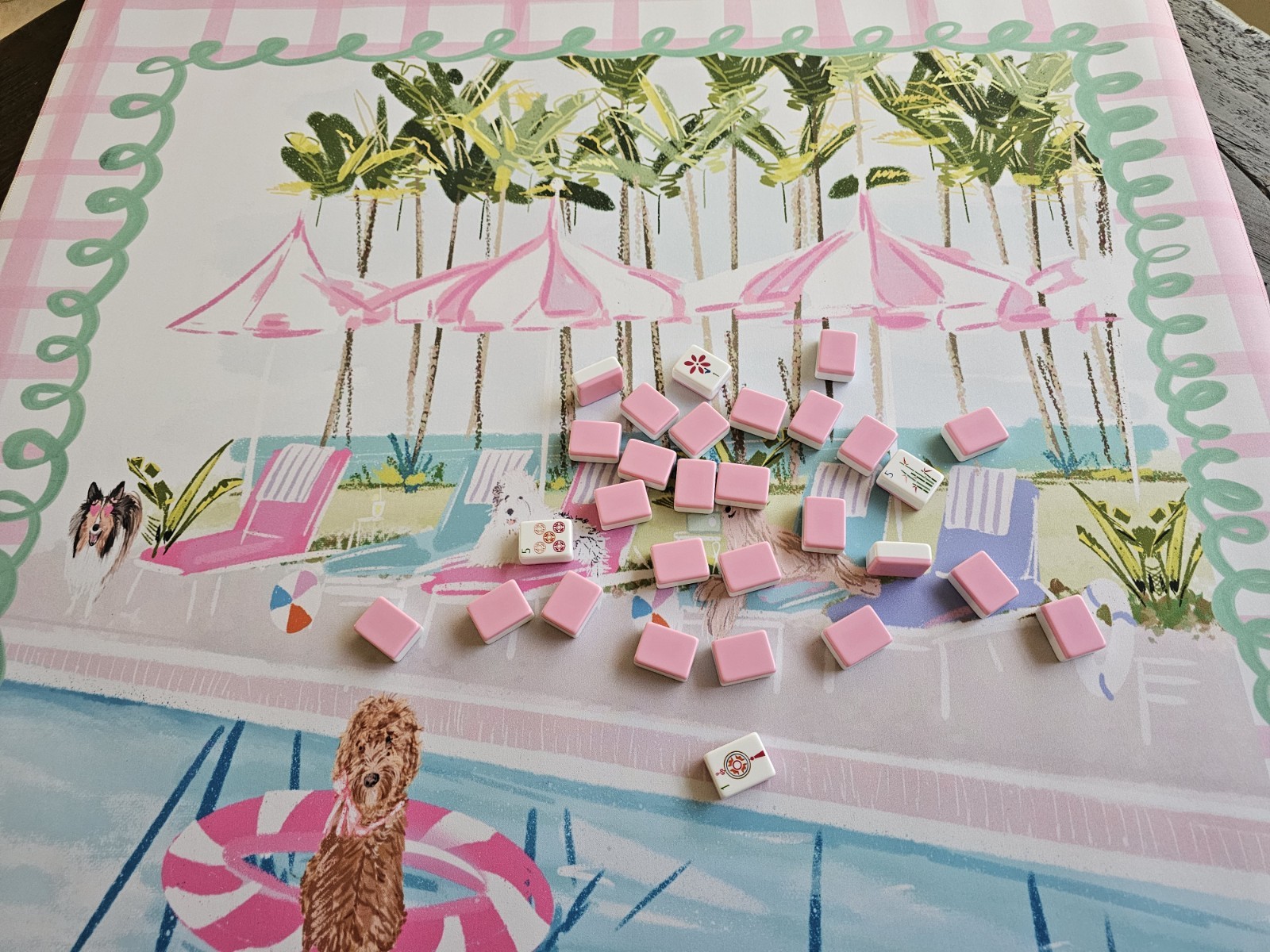 Rebecca Illustrated Pool Pawty Dog Mahjong Mat NEW AUTHENTIC