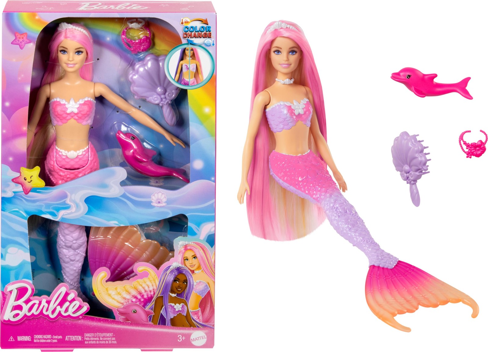 Barbie Mermaid Doll Malibu Pink Hair Pet Dolphin Figure HRP97 treats natural