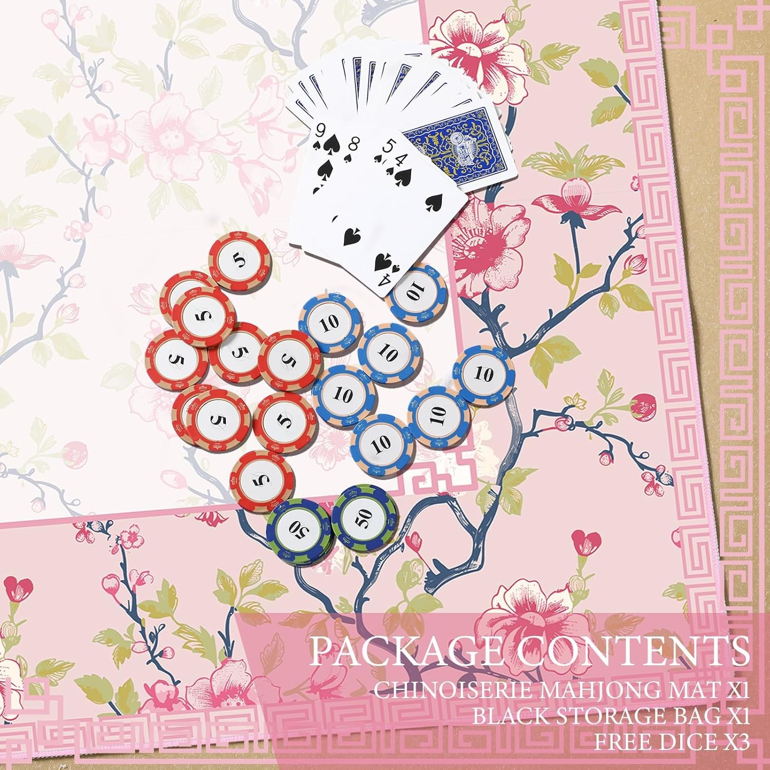 Chinoiserie Mahjong Mat with 1 Carrying Bag 31.5 x 31.5 Pink and White Rubber An
