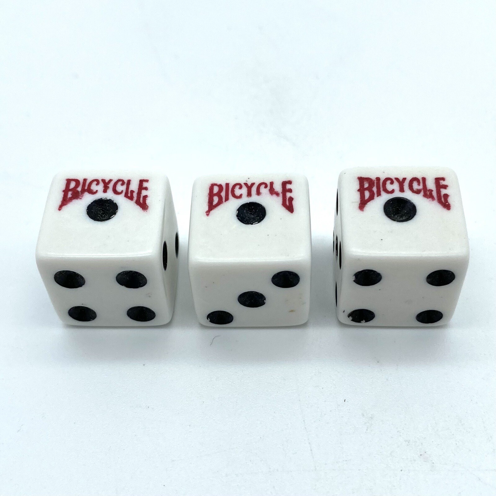3 Bicycle Branded 6 Sided Dice 16mm Standard Size White Plastic Black Pips
