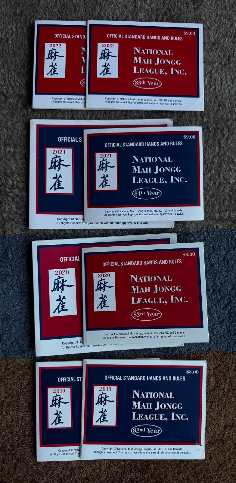 8 National Mah Jongg League Standard Hands And Rules Cards 2019 – 2022 (2 each)