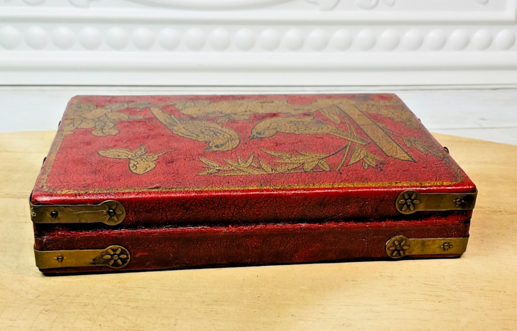 Vintage Chinese Lacquer Domino Set 28 Tiles Brass Box Birds Bamboo Asian Decor