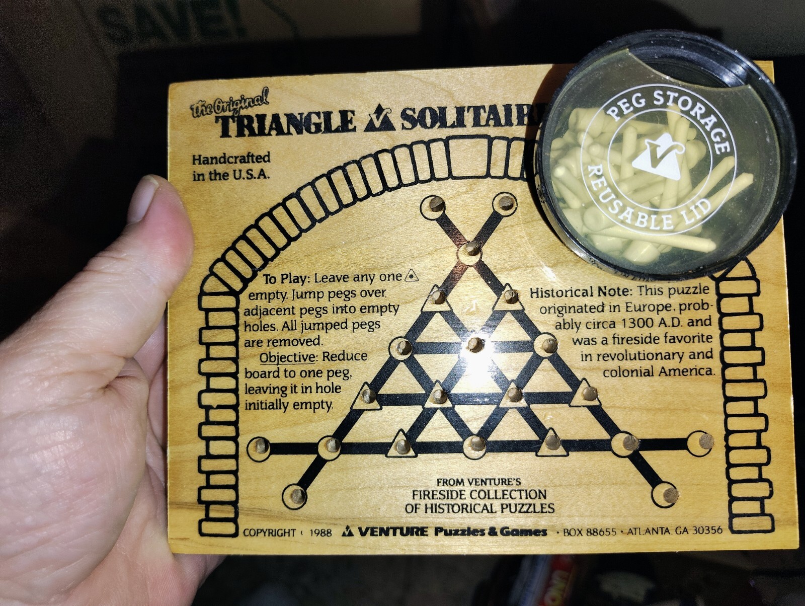 The Original Triangle Solitaire Game Venture’s Fireside 1988 Wood Board