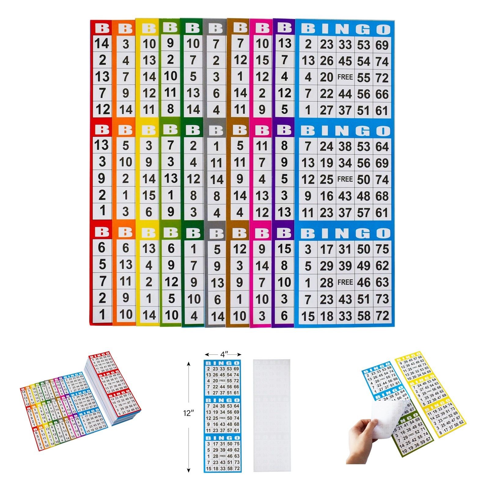 Bingo Paper Game Cards 4×12 Inches 3 Card Sets 100 Books 10 Colors