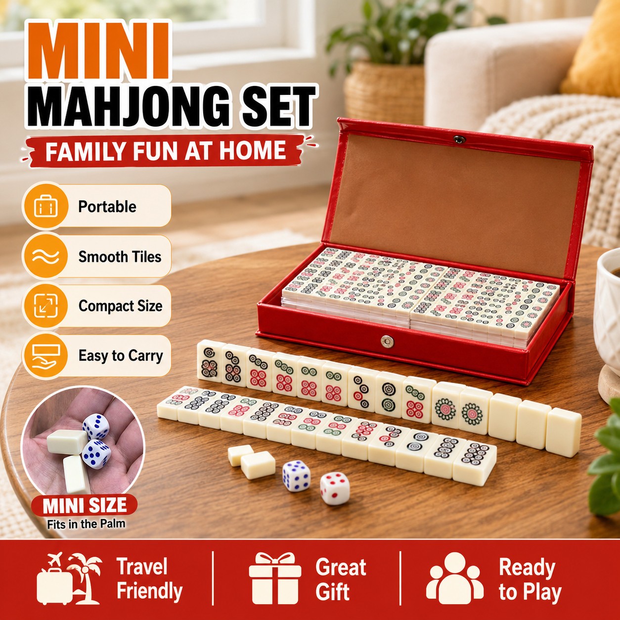 Travel Mini Mahjong Set 144 Tiles 2 Dice Red Carry Case Family Tabletop Game Toy