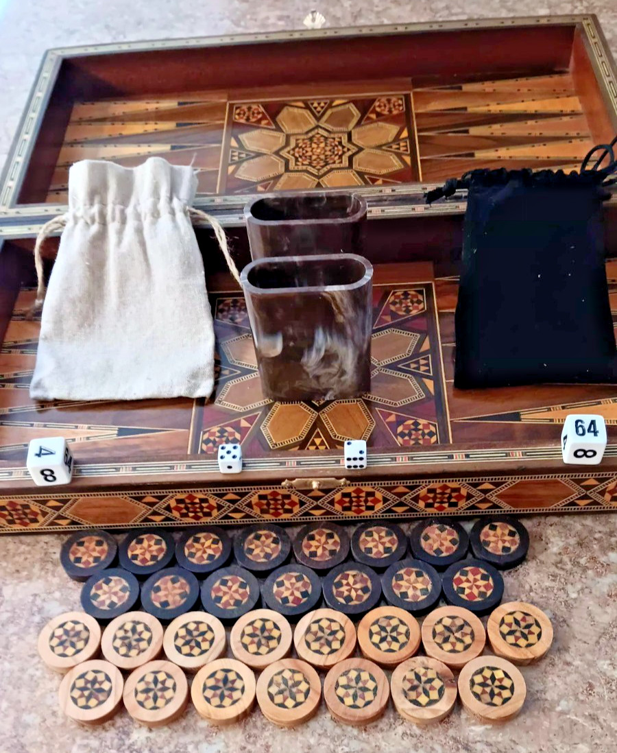 Wood Backgammon Game Box Vintage Inlaid Wood Middle Eastern Mosaic 16x8x3 inches