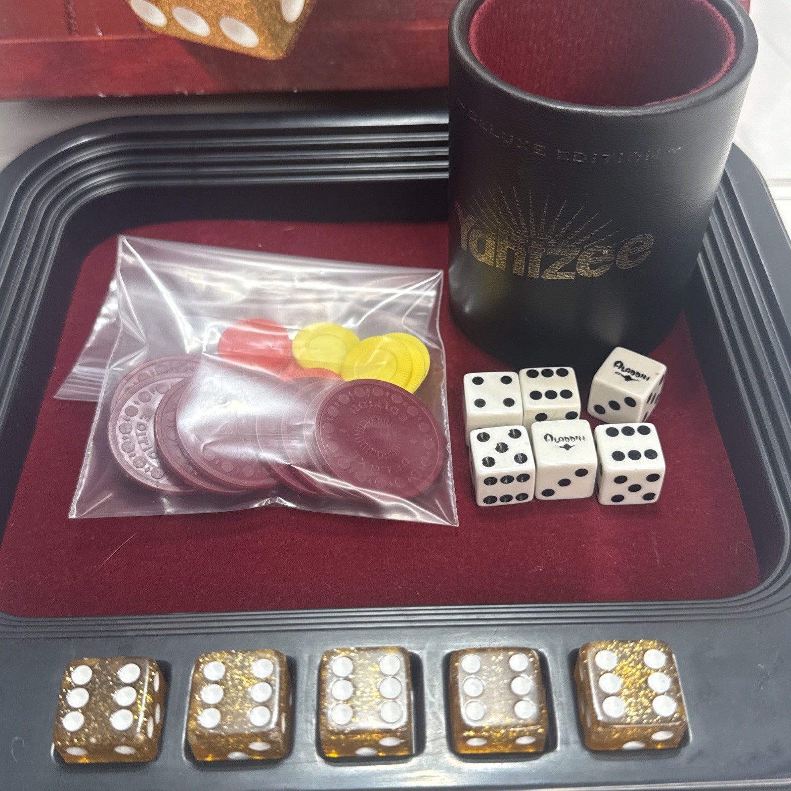 Vintage Yahtzee Deluxe Edition 1997 Gold Glitter Dice Pencils Tokens Complete