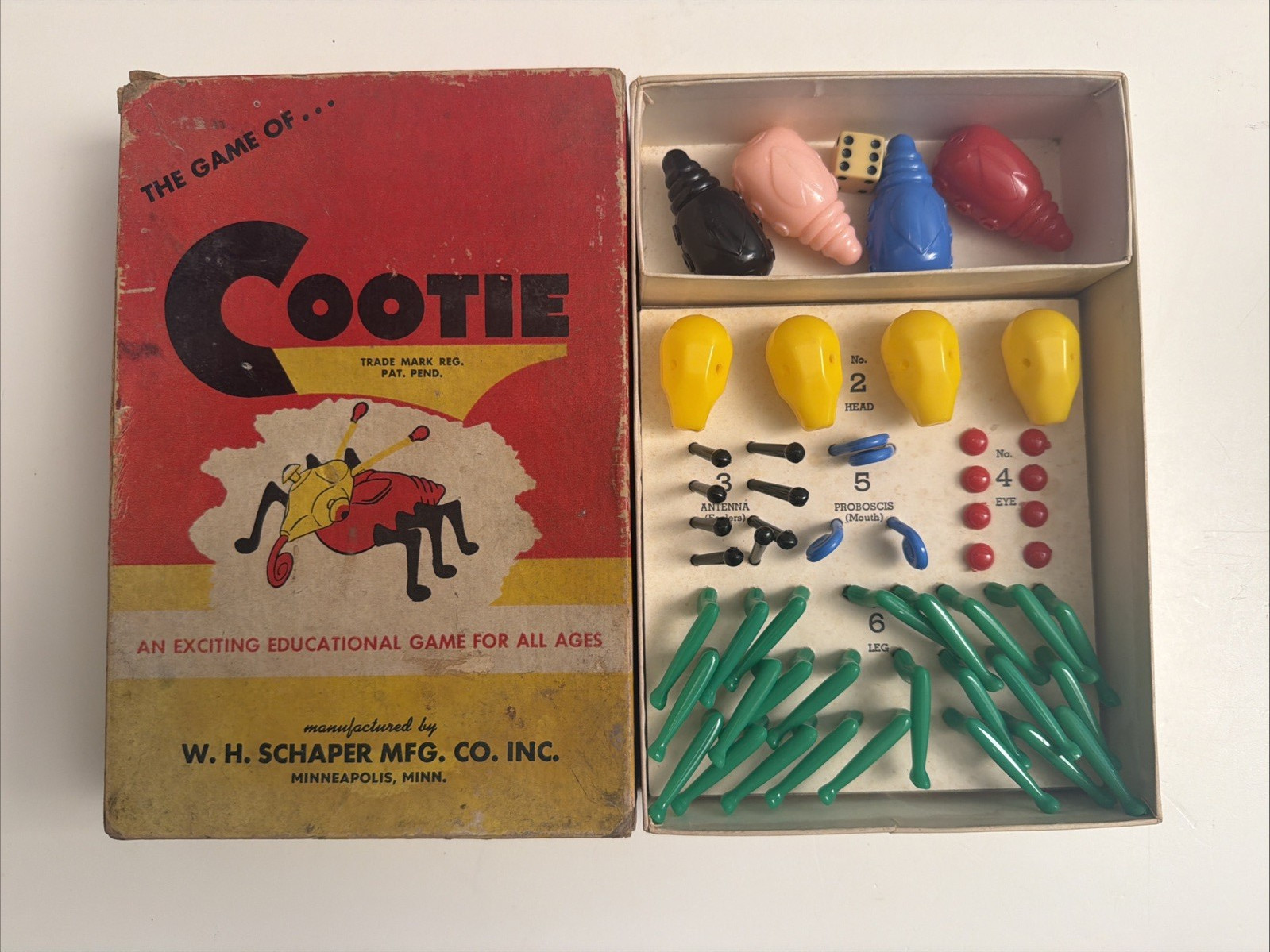1949 ORIGINAL GAME OF COOTIE W.H. SCHAPER MFG CO. COMPLETE ALL PIECES EUC