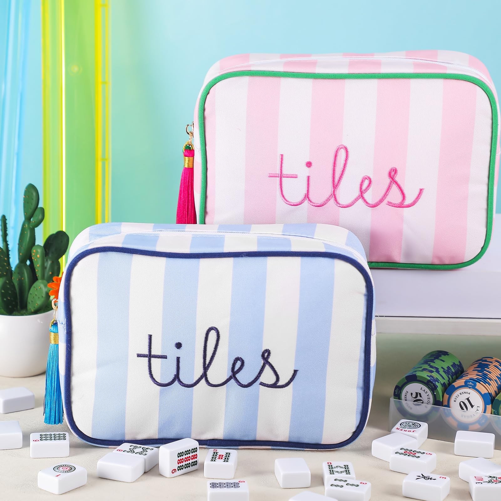 Mahjong Tile Bag with Zipper, Striped Embroidered Mahjong Storage Pouch Mah J…