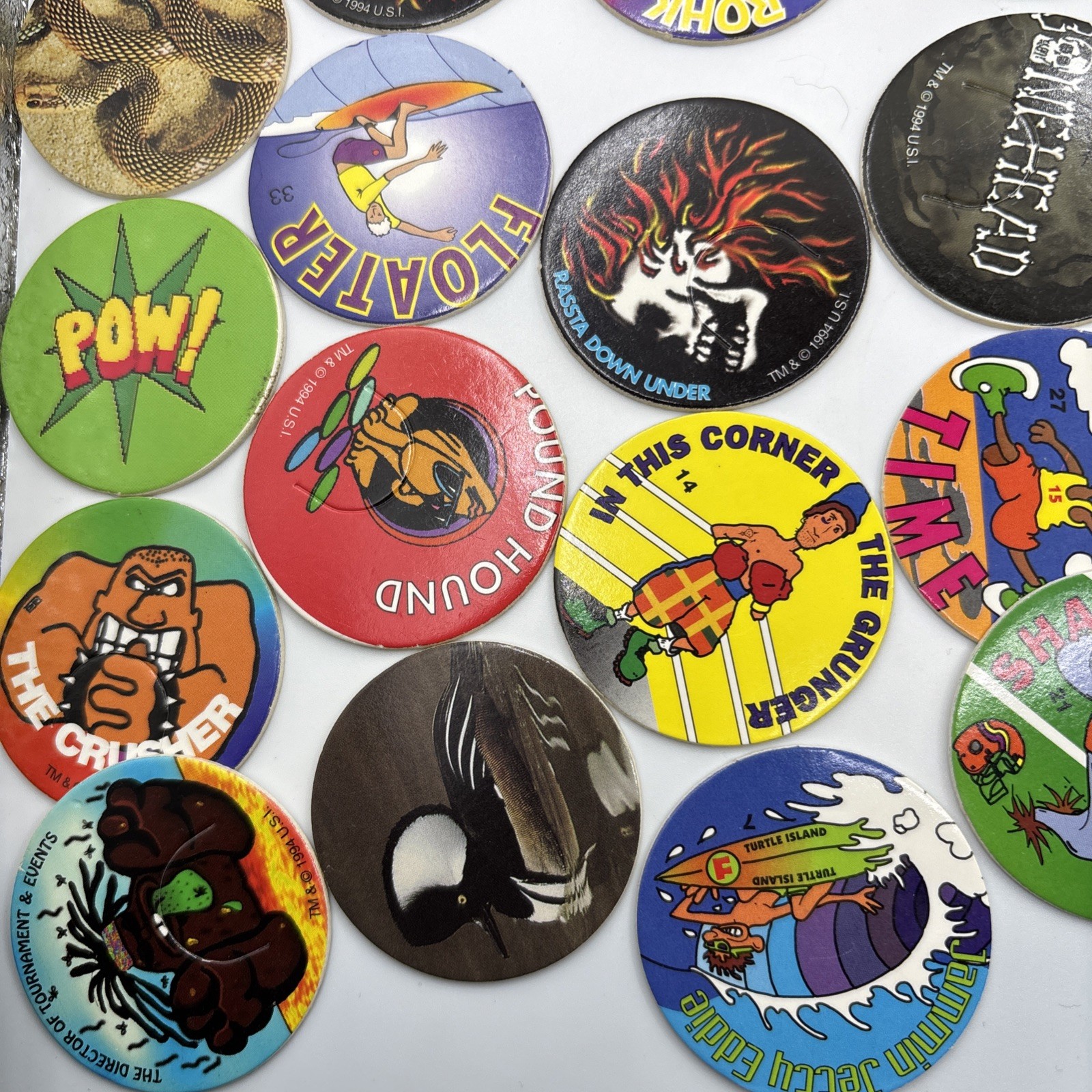 1994 Rohks Cap Game Power Kit 49 Caps 3 Slammers 1 Milk Cap Container – Pogs