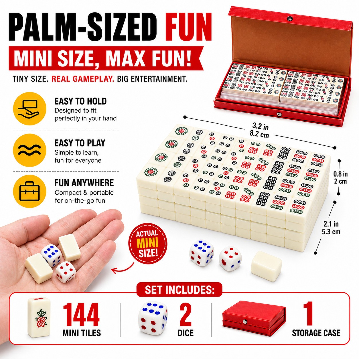 Travel Mini Mahjong Set 144 Tiles 2 Dice Red Carry Case Family Tabletop Game Toy