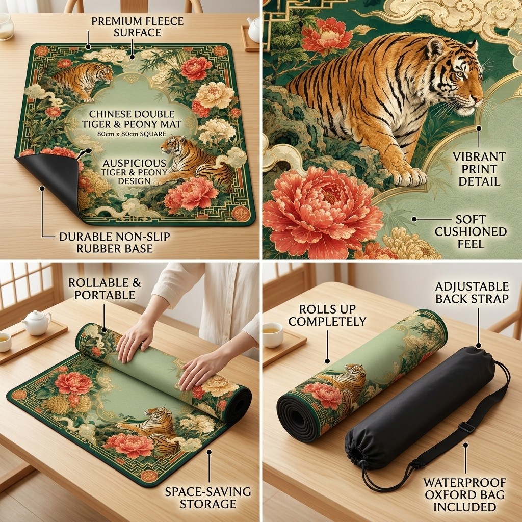 Chinese Tiger Mahjong MatNon Slip Table Pad 31.5×31.5″ With Free Carry Bag