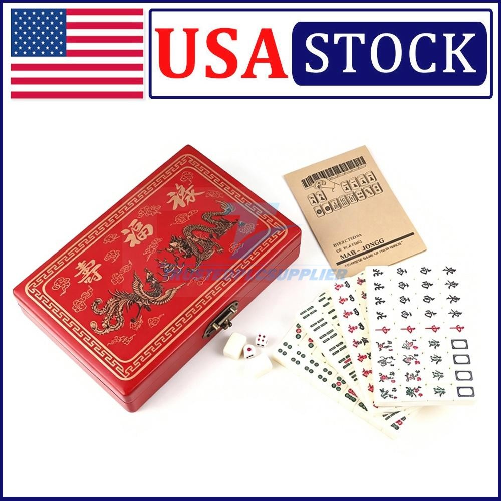 Vintage Chinese Mahjong Set Traditional 144 Tiles Mah-Jong Game Set w/ Case Box