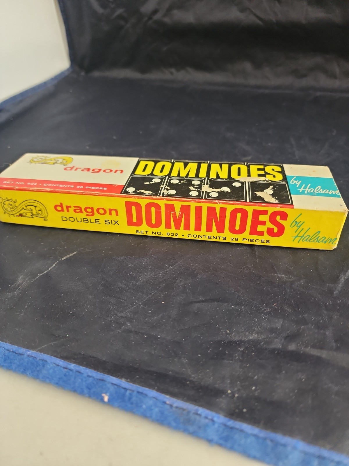 Vtg Dragon Double Six Dominoes Halsam set No 622 28 pieces Box Condition Good