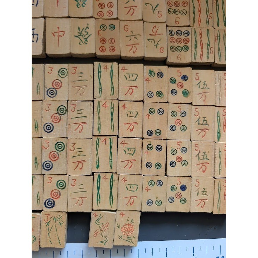 Antique 20s Admiral Mahjong Set Bone Bamboo Tiles Sticks Tin Box Hand Carved