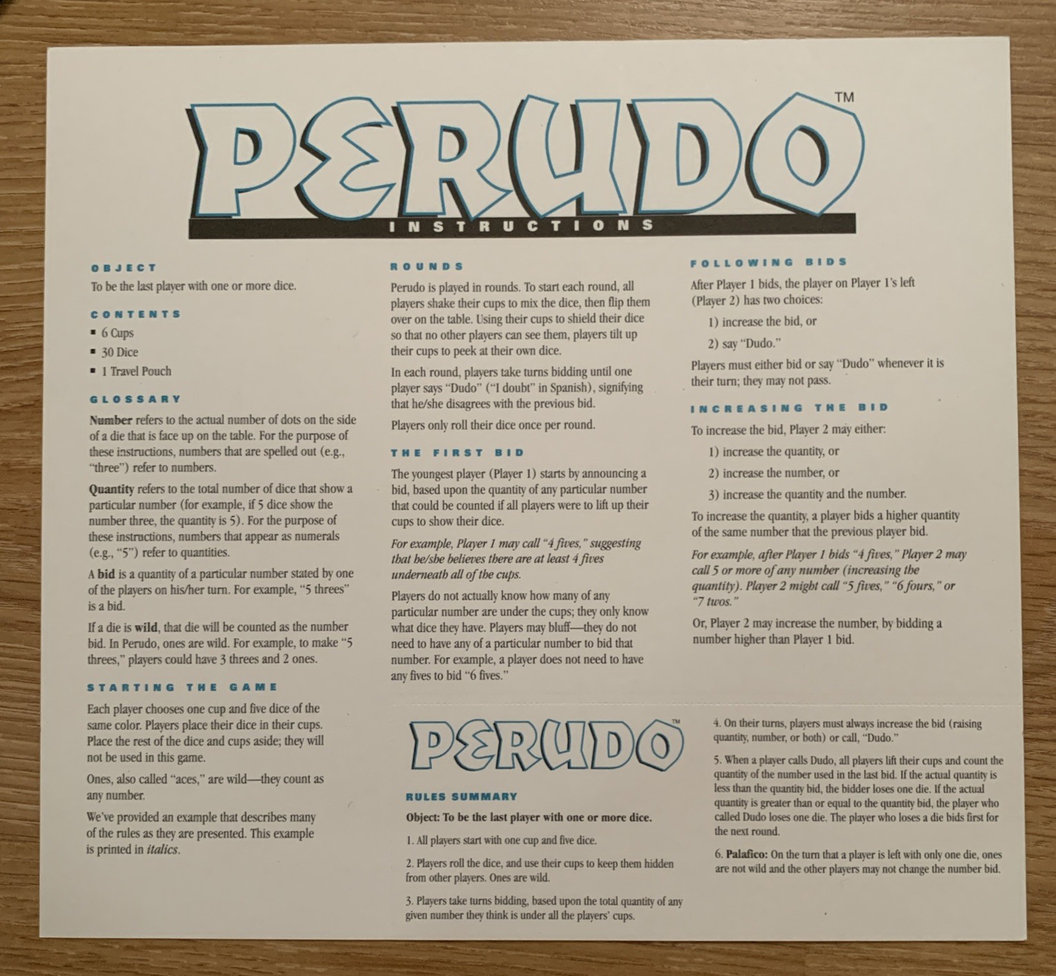 *100% COMPLETE* 1994 Original PERUDO Liar’s Dice Inca Peru Bluffing Family Game