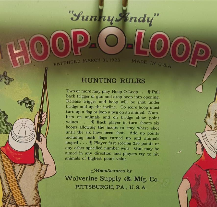 VINTAGE SUNNY ANDY HOOP O LOOP HUNTING GAME WOLVERINE 1925 SHOOTING TIN TOY