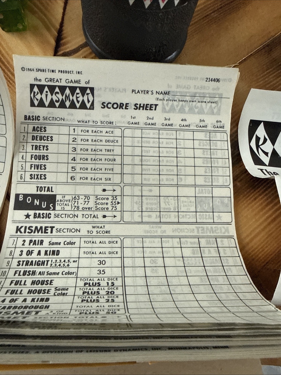 Vintage KISMET Game of YACHT Score Pads, No pencil, dice & instr.