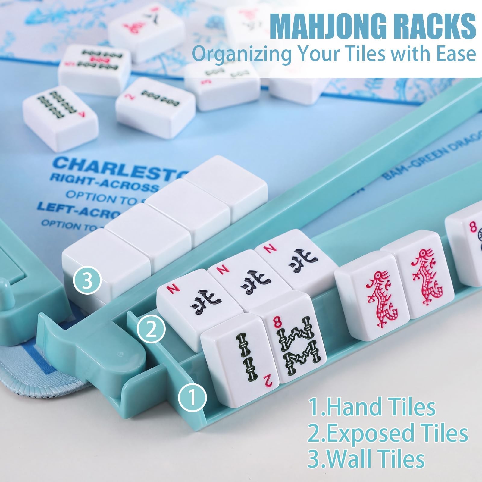 4 Pcs 18.7 Inch Misty Blue Acrylic Mahjong Tile Racks with Pushers for Game N…