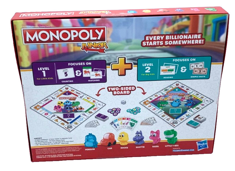 Hasbro Monopoly Junior Board Game 2 Games In 1 Level 1 & 2 Ages 4+ New In Box