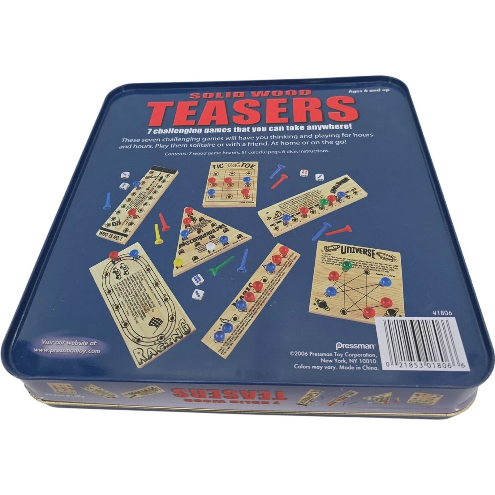 Pressman Solid Wood Teasers 7 Travel Puzzle Games Set w/ Tin Box #1806