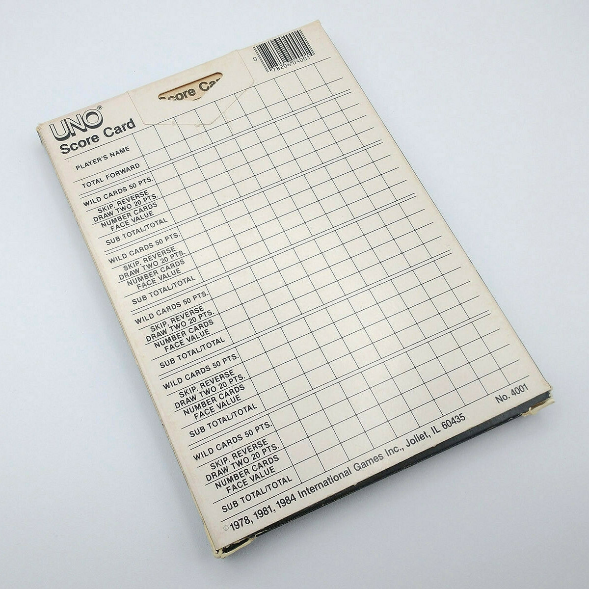 UNO Score Pad / 2 Sided Score Sheets in Box / 1984 Vintage International # 4001