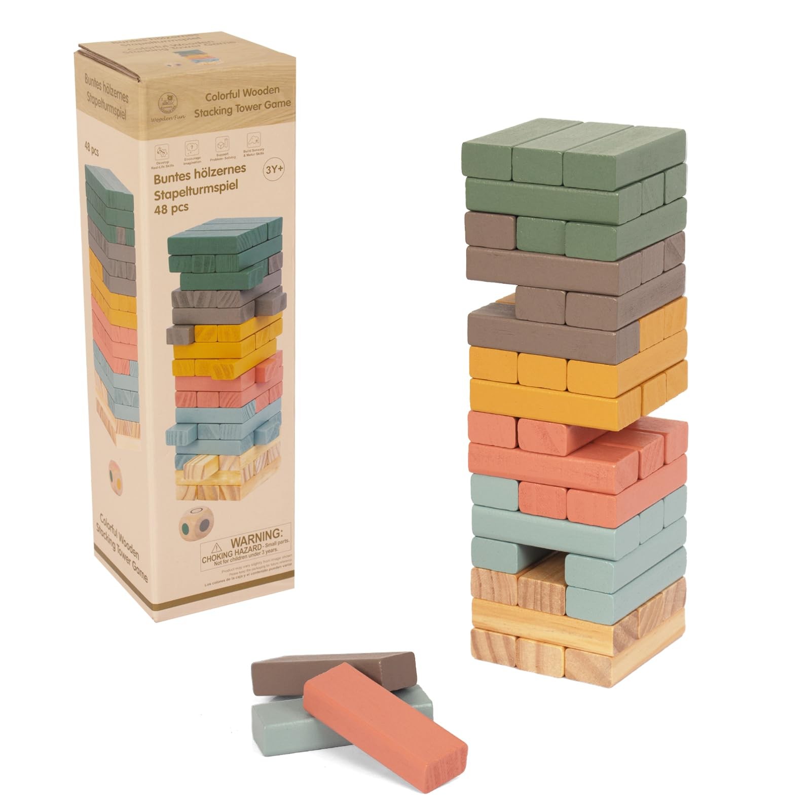 Wooden Blocks Stacking Games, 48PCS Tumbling Stacking Blocks Game for Kids and F