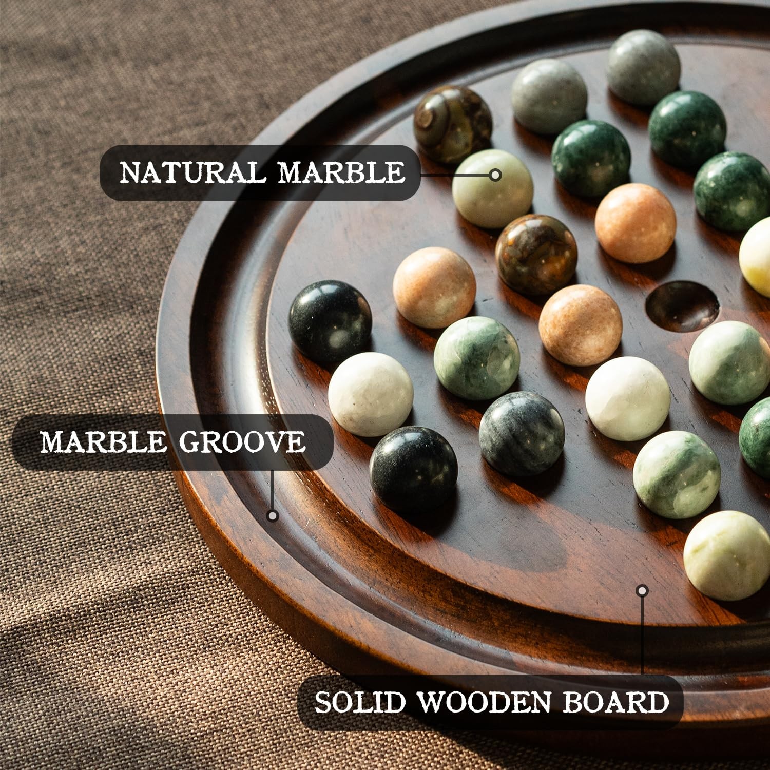 Deluxe Solitaire Game Set: 12.6” Solid Wooden Board, 32 Natural Marble Balls…