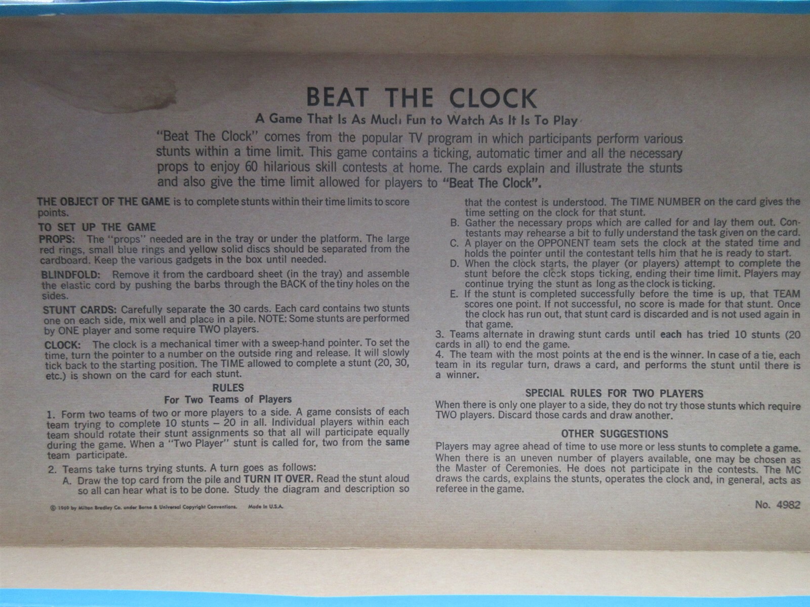 Vintage Milton Bradley Co Beat The Clock Game 2nd Edition 1969