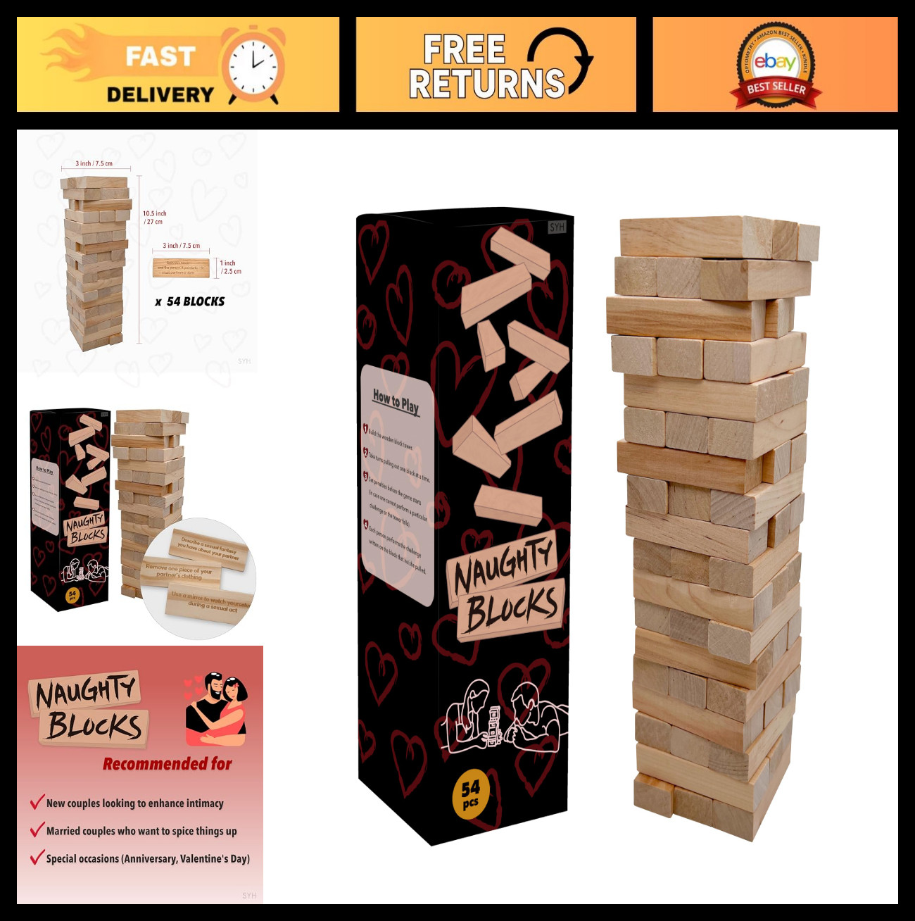 Flirty Adult Couple’s Game – 54 Intimate Challenges, Wooden Stacking Tower for D