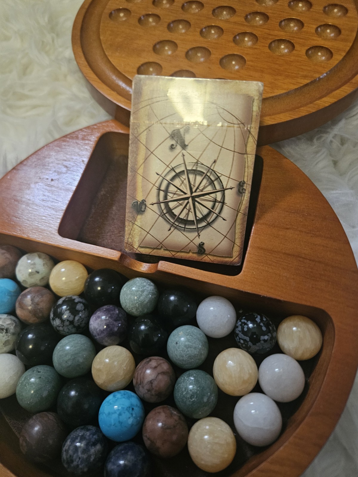 Vintage Arolly Wooden Handmade Marble Solitaire Game Set w/33 Stone Marbles