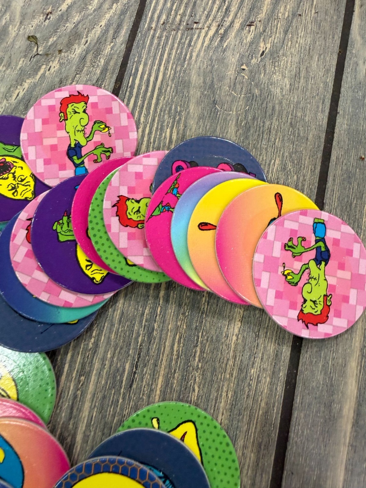 Vintage 90s Pogs Lot With Bright Graphics & Tube Container – Assorted Designs