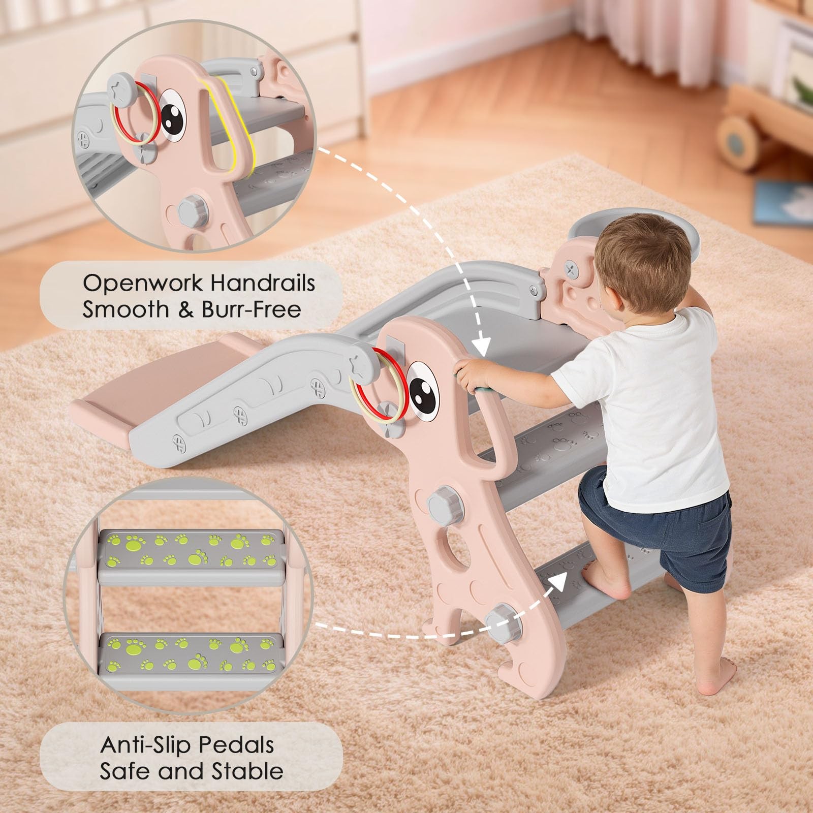 Toddler Slide 4 in 1 Basketball Hoop Ring Toss Pink Gray BIERUM 1-3 Kids Indoor