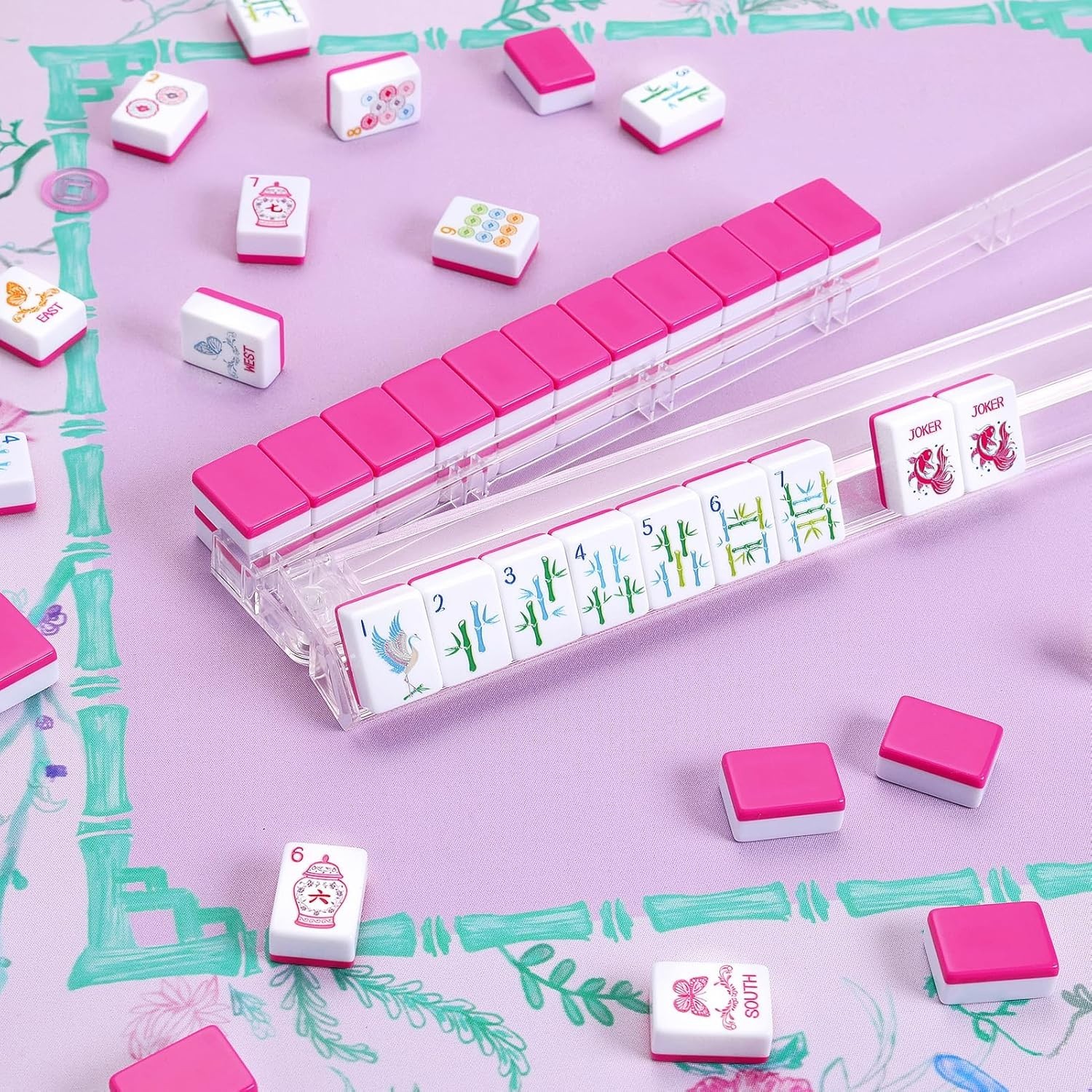 American Mahjong Carved/Engraved MAGENTA tiles Pink Bag COMPLETE & BRAND NEW