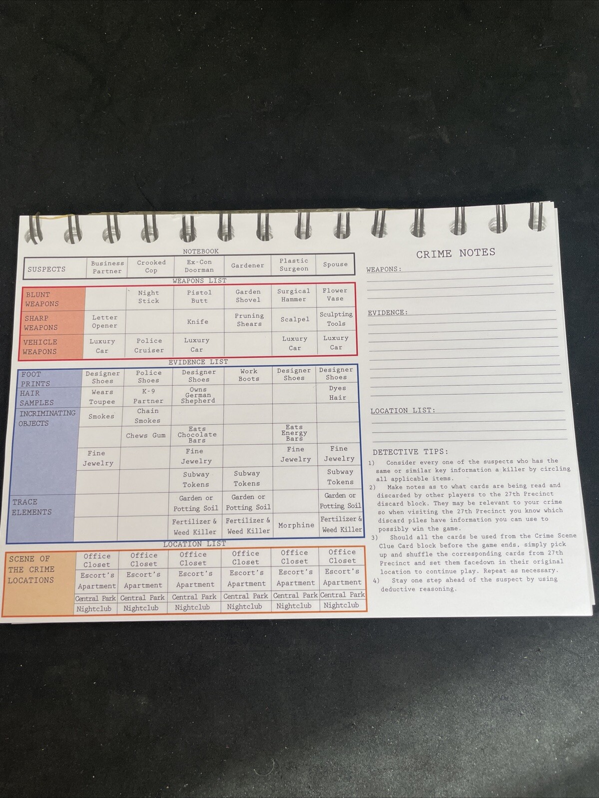 Law &Order Board Game Replacement Notebook Pages Score Cardinal Detective Game