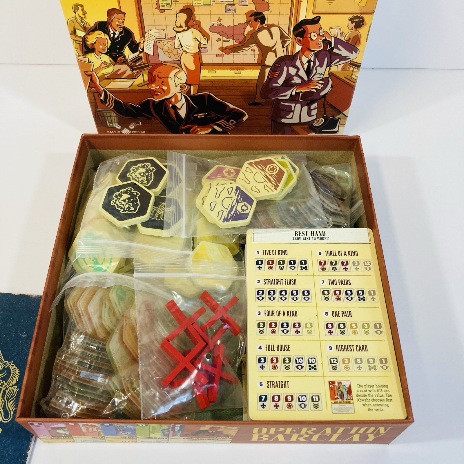 OPERATION BARCLAY BOARD GAME + ACRYLIC TILES english & spanish salt & pepper EUC