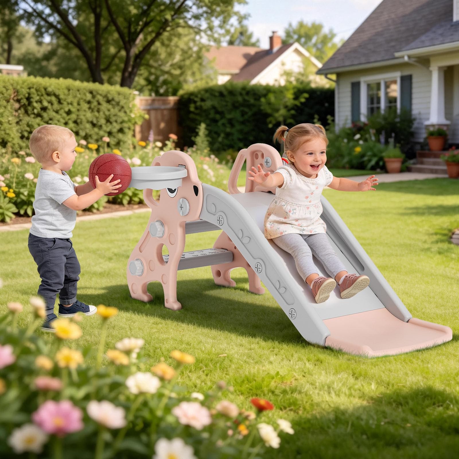 Toddler Slide 4 in 1 Basketball Hoop Ring Toss Pink Gray BIERUM 1-3 Kids Indoor