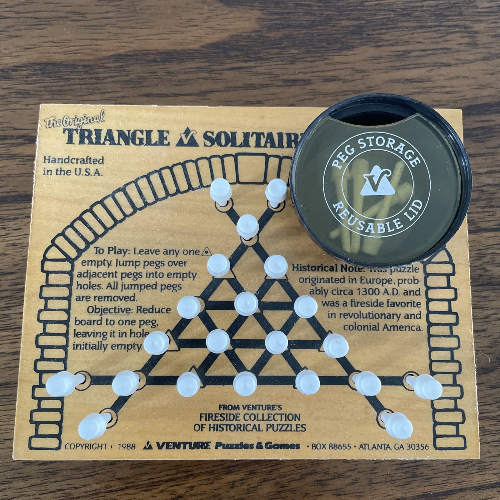 The Original Triangle Solitaire Game Venture’s Fireside 1988 Wood Board