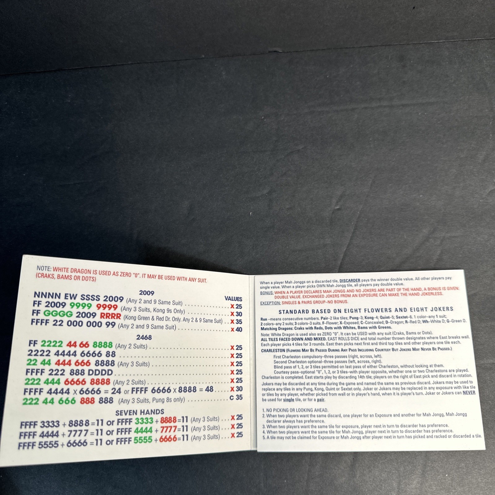 2009 National Mah Jongg League Card Rules Game Hands Standard EXCELLENT