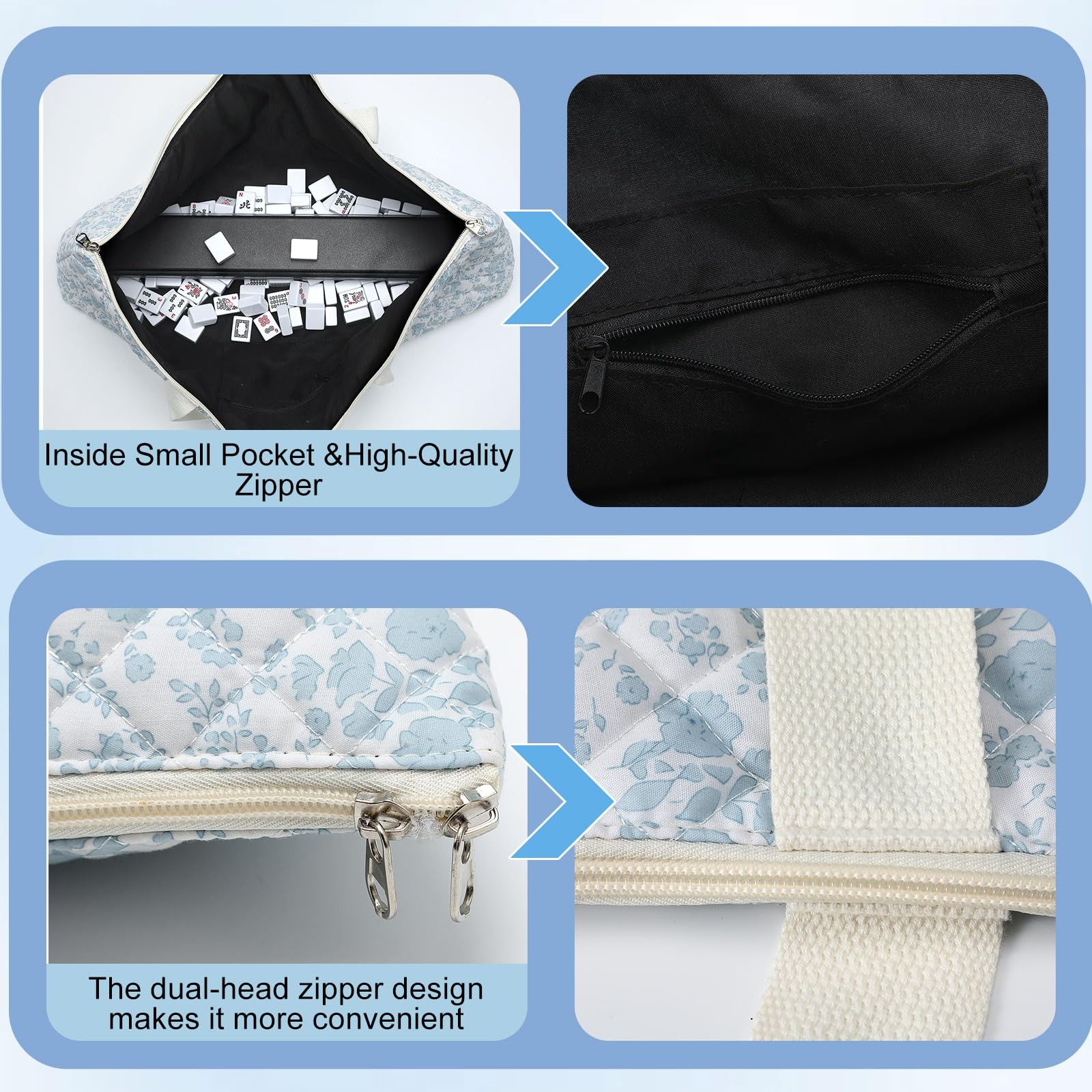 Empty Mahjong Bag 21.6 x 9.8 x 3.2 Inches Thickened Quilted Blue Printed Flor…