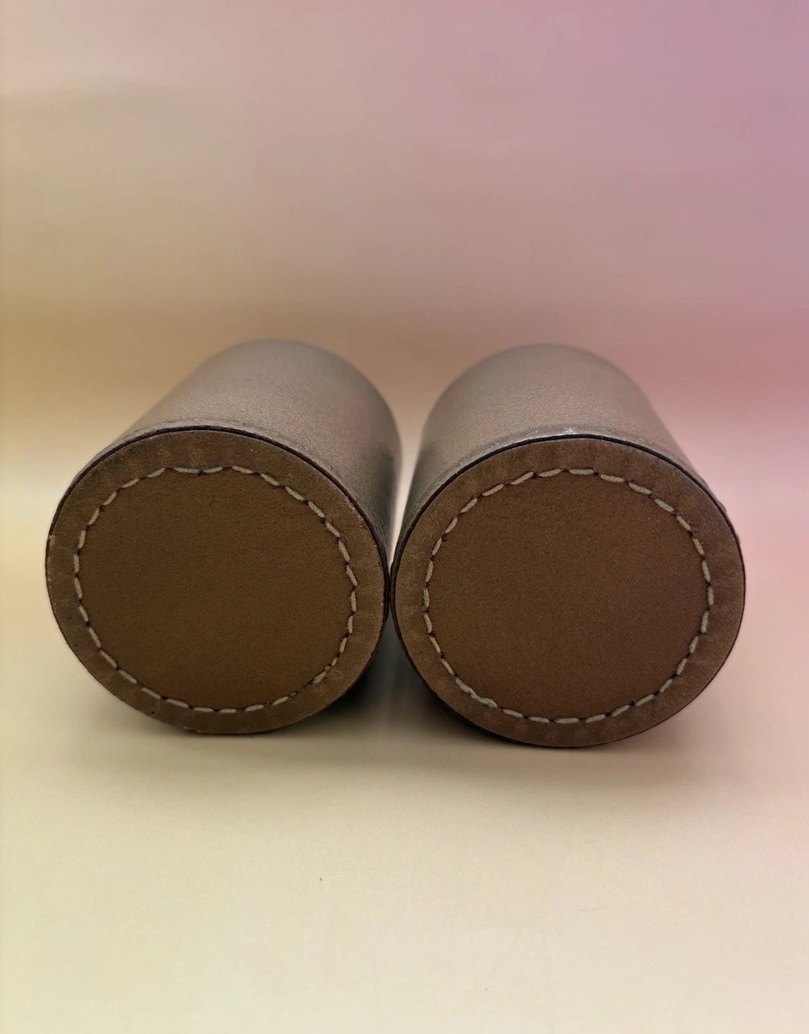 TWO Vintage DICE CUPS Shakers Tan Leather Round Backgammon Crisloid-Style